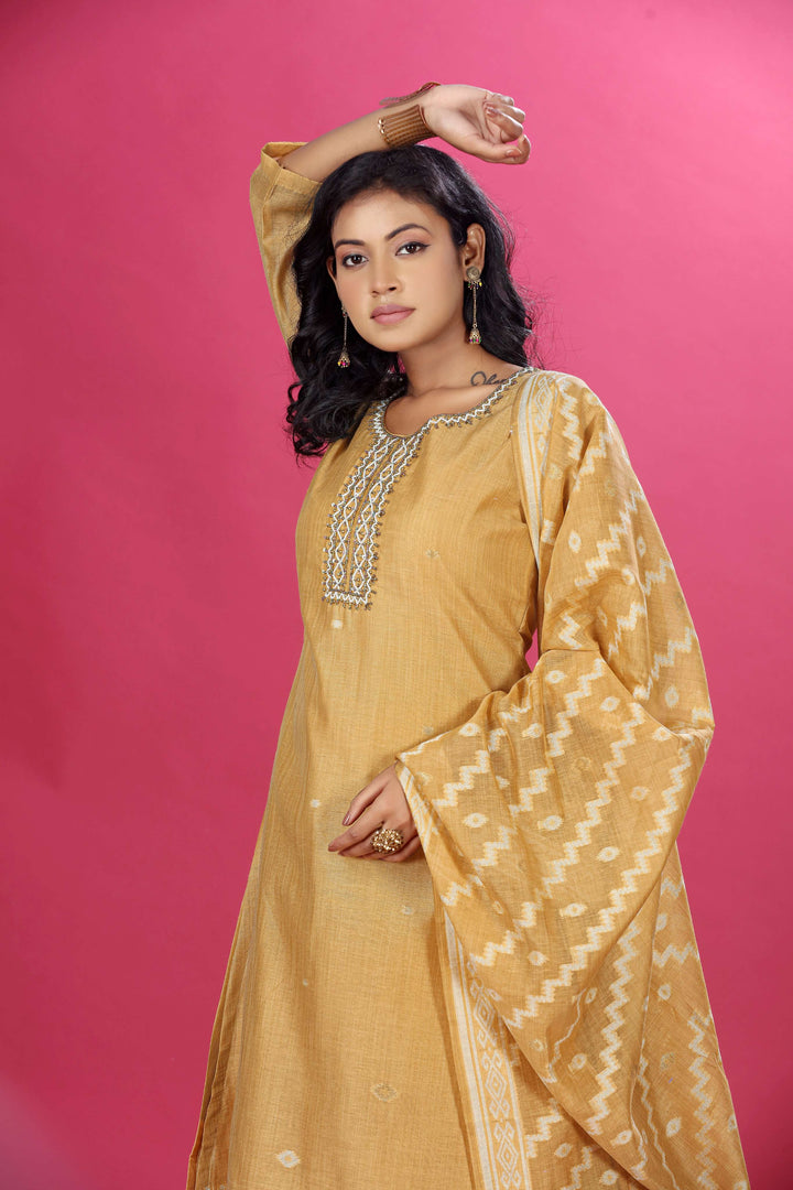 Mustard Aura Handloom Chanderi Jamdani Silk A-Line Kurta Set
