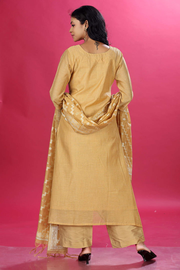 Mustard Aura Handloom Chanderi Jamdani Silk A-Line Kurta Set