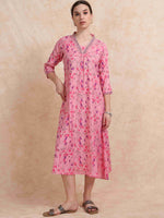 Load image into Gallery viewer, Pink Floral Printed Linen Cotton Flair Kurti
