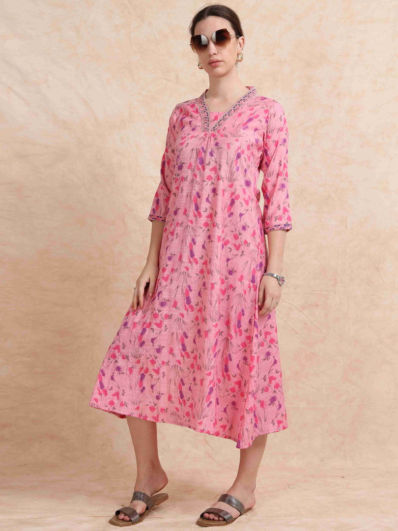 Pink Floral Printed Linen Cotton Flair Kurti