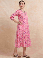 Load image into Gallery viewer, Pink Floral Printed Linen Cotton Flair Kurti
