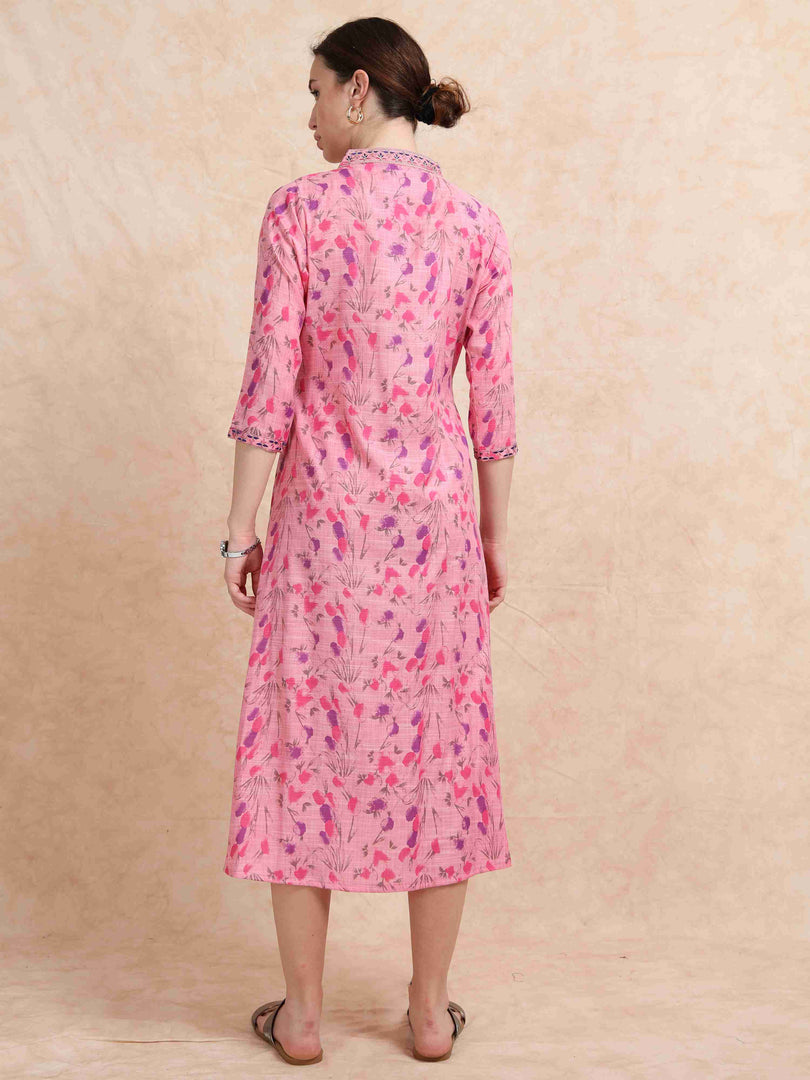 Pink Floral Printed Linen Cotton Flair Kurti