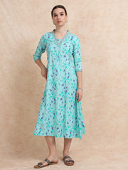 Light Teal Floral Linen Cotton Printed Flair Kurti