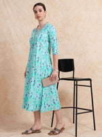 Load image into Gallery viewer, Light Teal Floral Linen Cotton Printed Flair Kurti
