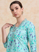 Load image into Gallery viewer, Light Teal Floral Linen Cotton Printed Flair Kurti
