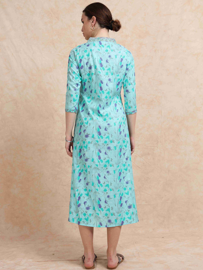 Light Teal Floral Linen Cotton Printed Flair Kurti