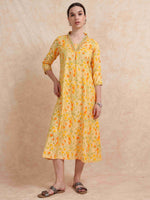 Load image into Gallery viewer, Pastel Yellow Floral Printed Linen Cotton Flair Kurti
