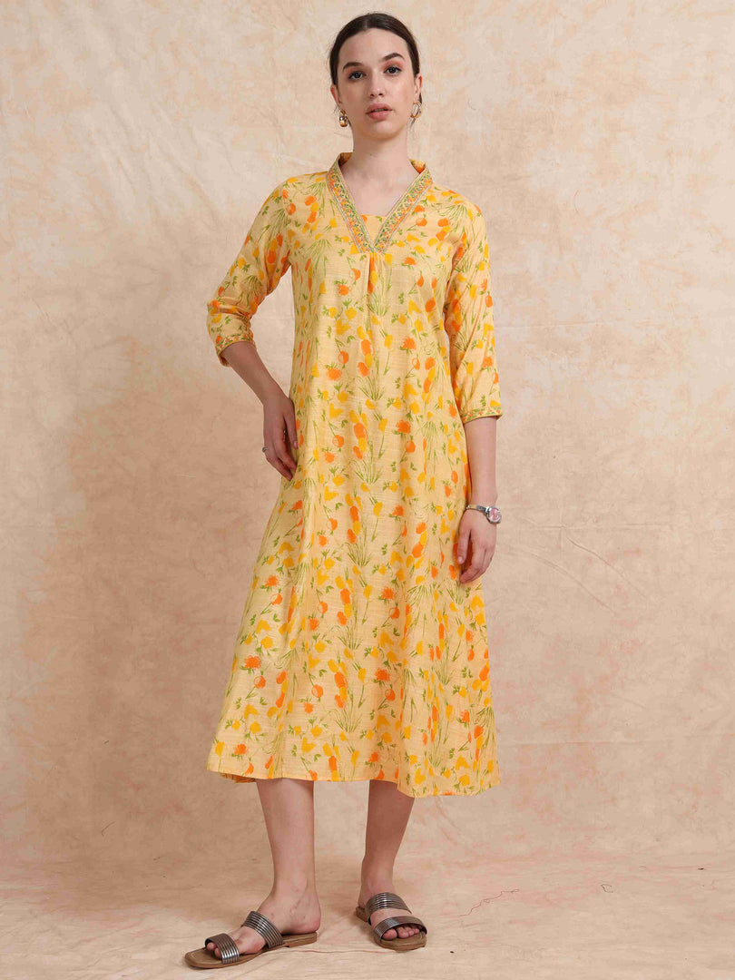 Pastel Yellow Floral Printed Linen Cotton Flair Kurti