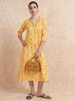 Load image into Gallery viewer, Pastel Yellow Floral Printed Linen Cotton Flair Kurti
