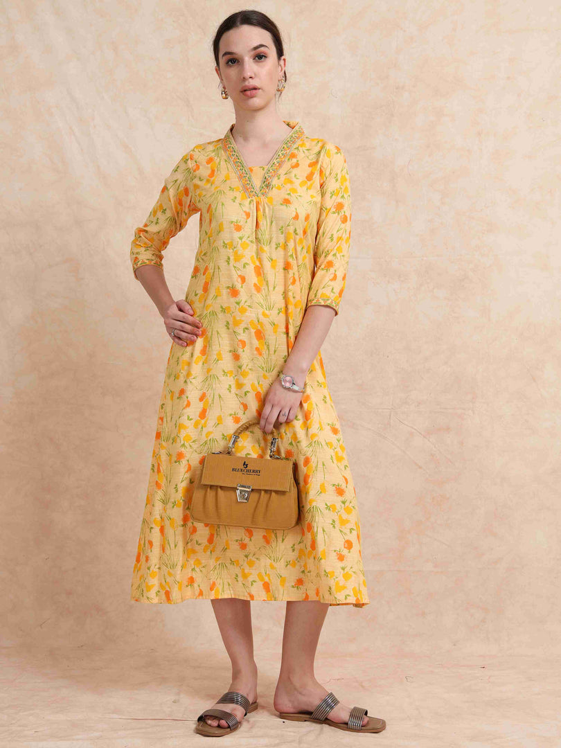 Pastel Yellow Floral Printed Linen Cotton Flair Kurti