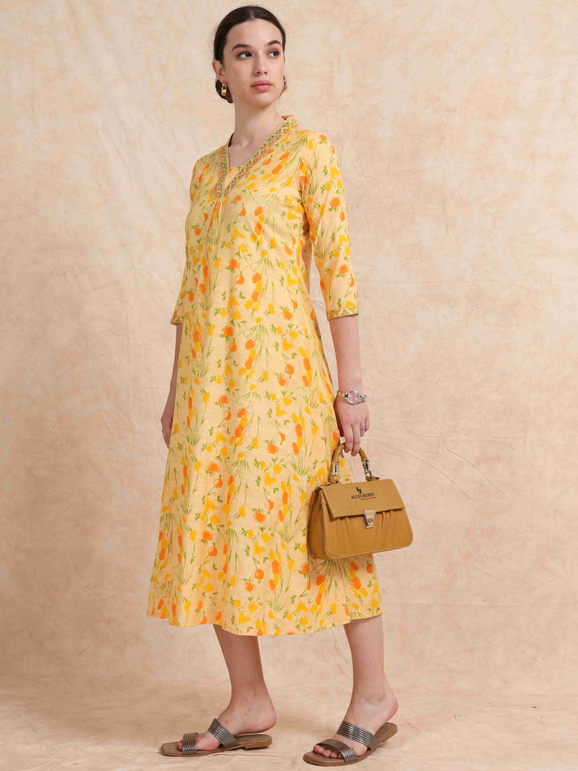 Pastel Yellow Floral Printed Linen Cotton Flair Kurti