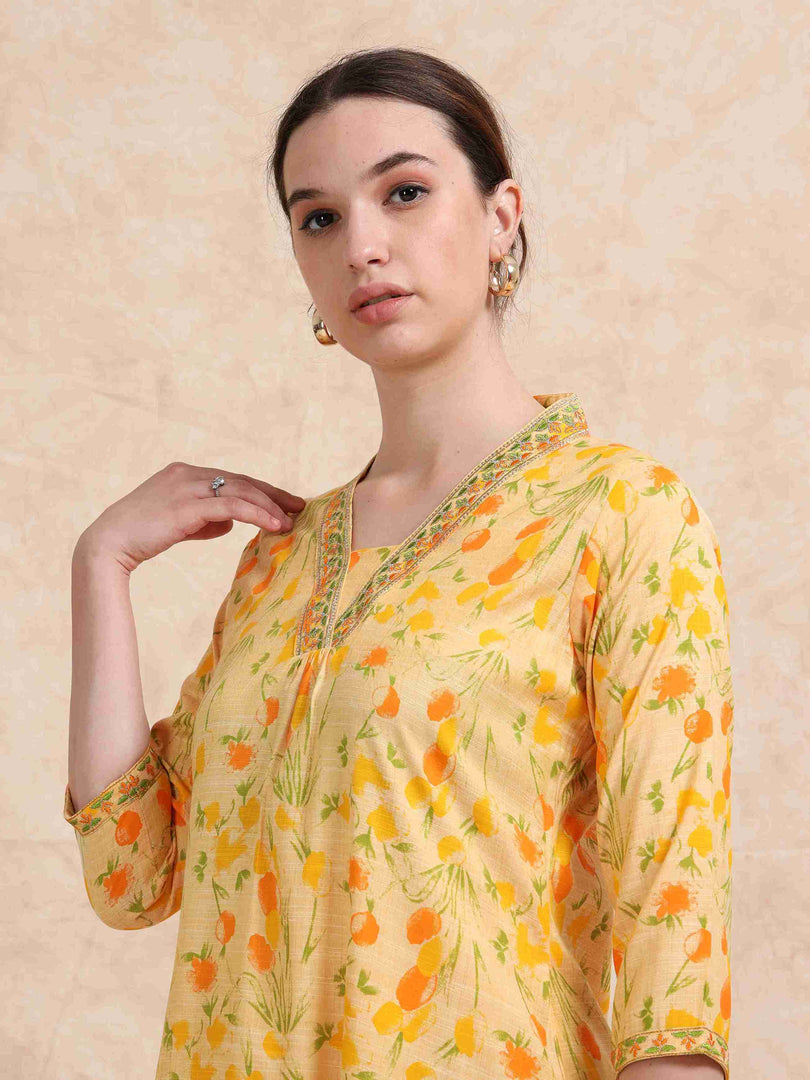 Pastel Yellow Floral Printed Linen Cotton Flair Kurti