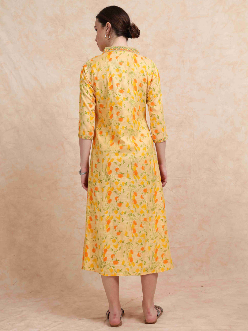 Pastel Yellow Floral Printed Linen Cotton Flair Kurti