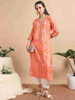 Load image into Gallery viewer, Orange Floral Printed Linen Cotton Flair Kurti
