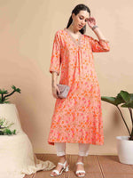 Load image into Gallery viewer, Orange Floral Printed Linen Cotton Flair Kurti

