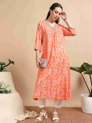 Orange Floral Printed Linen Cotton Flair Kurti