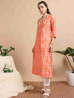 Load image into Gallery viewer, Orange Floral Printed Linen Cotton Flair Kurti
