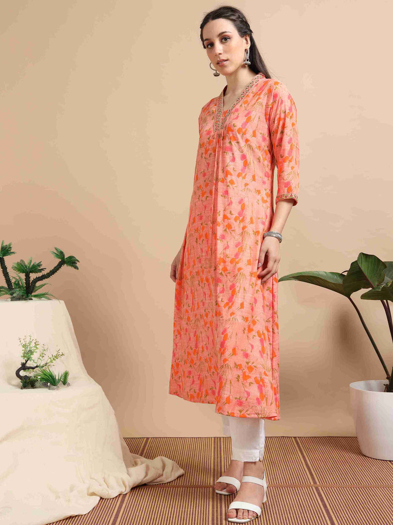 Orange Floral Printed Linen Cotton Flair Kurti