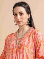 Load image into Gallery viewer, Orange Floral Printed Linen Cotton Flair Kurti
