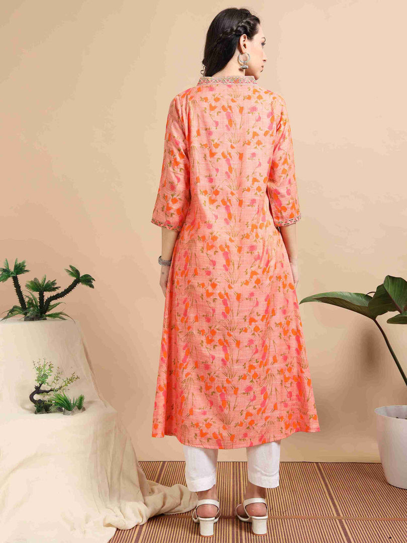 Orange Floral Printed Linen Cotton Flair Kurti
