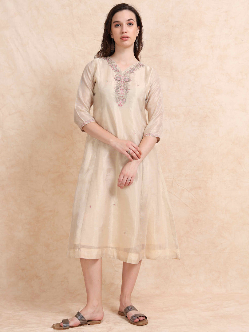 Cream Tissue Silk Fancy Embroidered Anarkali Kurti
