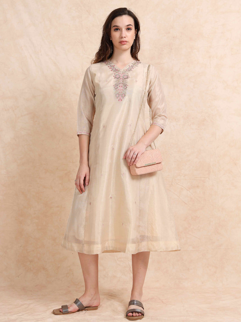 Cream Tissue Silk Fancy Embroidered Anarkali Kurti