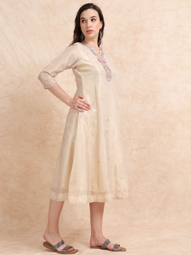 Cream Tissue Silk Fancy Embroidered Anarkali Kurti
