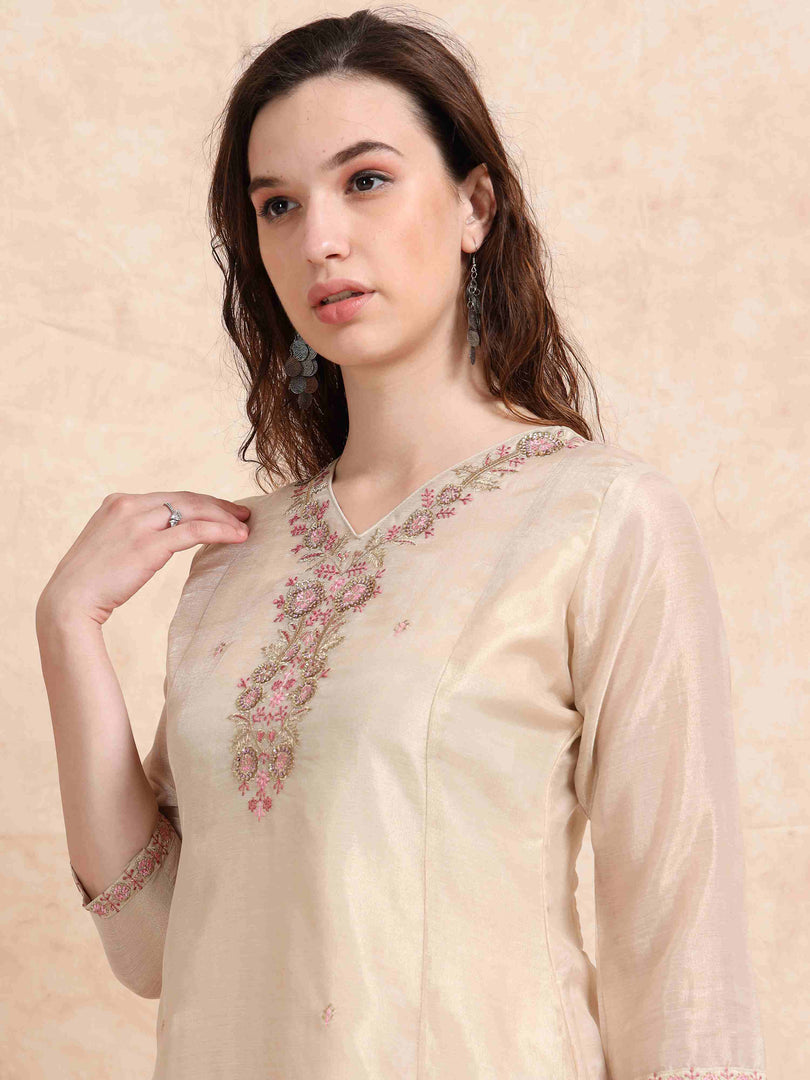 Cream Tissue Silk Fancy Embroidered Anarkali Kurti