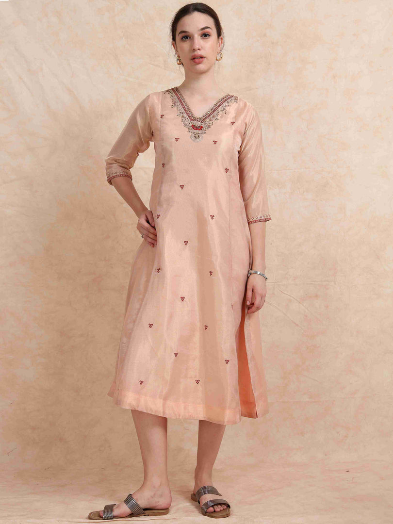 Peach Tissue Silk Fancy Embroidered Anarkali Kurti