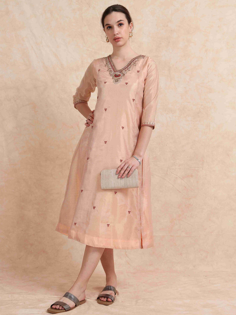 Peach Tissue Silk Fancy Embroidered Anarkali Kurti