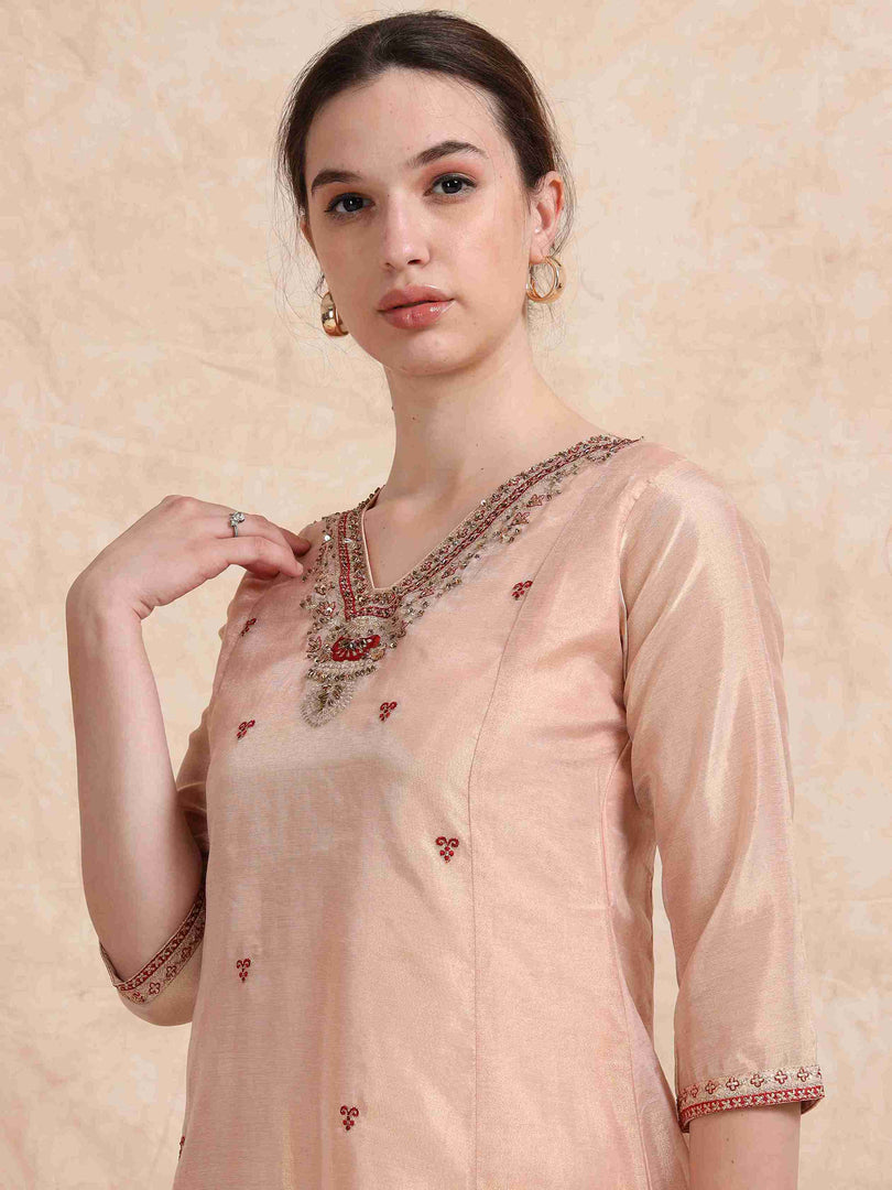 Peach Tissue Silk Fancy Embroidered Anarkali Kurti