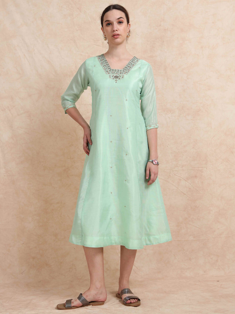 Pista Green Tissue Silk Fancy Embroidered Anarkali Kurti
