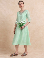 Load image into Gallery viewer, Pista Green Tissue Silk Fancy Embroidered Anarkali Kurti
