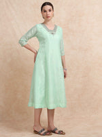 Load image into Gallery viewer, Pista Green Tissue Silk Fancy Embroidered Anarkali Kurti
