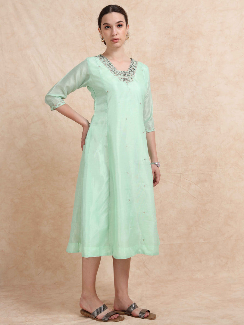 Pista Green Tissue Silk Fancy Embroidered Anarkali Kurti