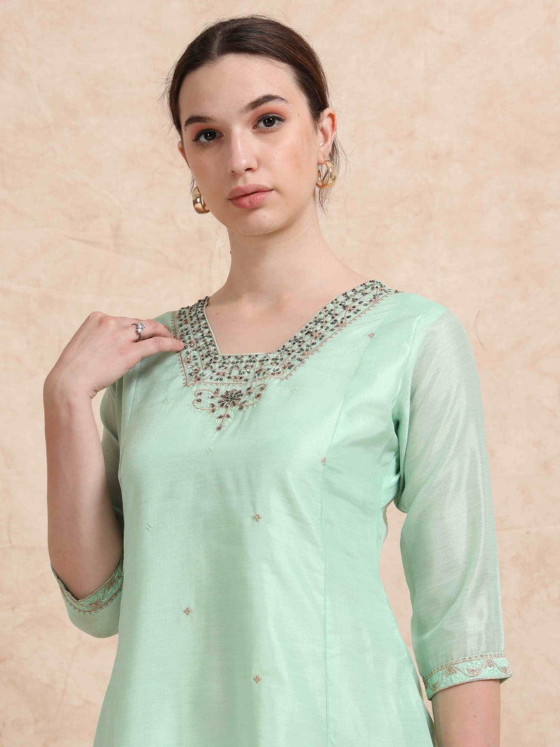 Pista Green Tissue Silk Fancy Embroidered Anarkali Kurti