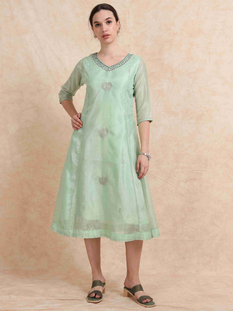 Mint Green Tissue Silk Fancy Embroidered Anarkali Kurti
