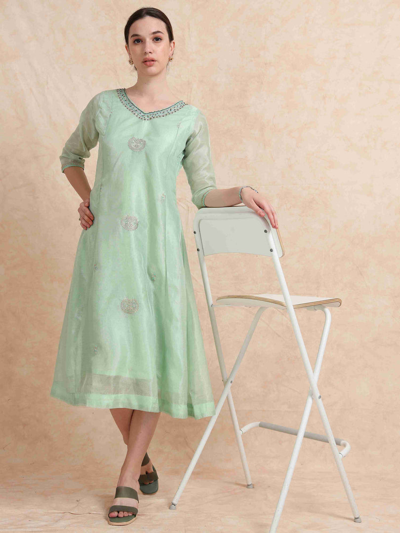 Mint Green Tissue Silk Fancy Embroidered Anarkali Kurti