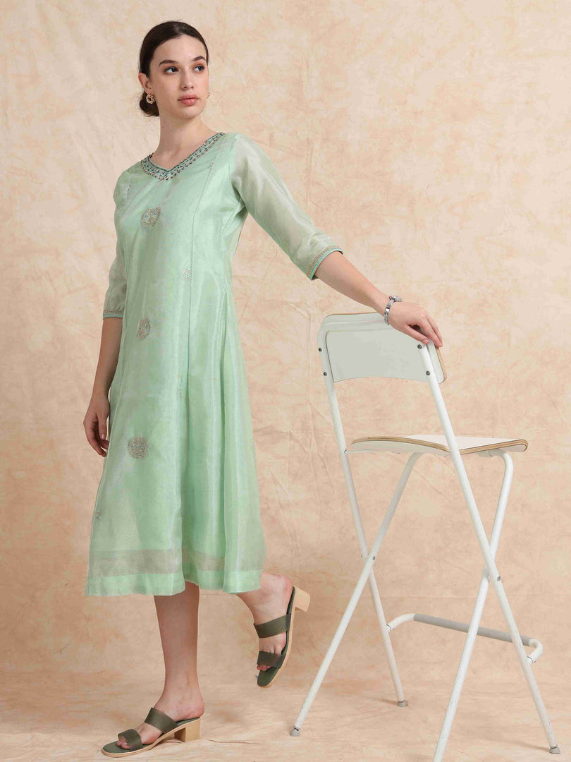 Mint Green Tissue Silk Fancy Embroidered Anarkali Kurti