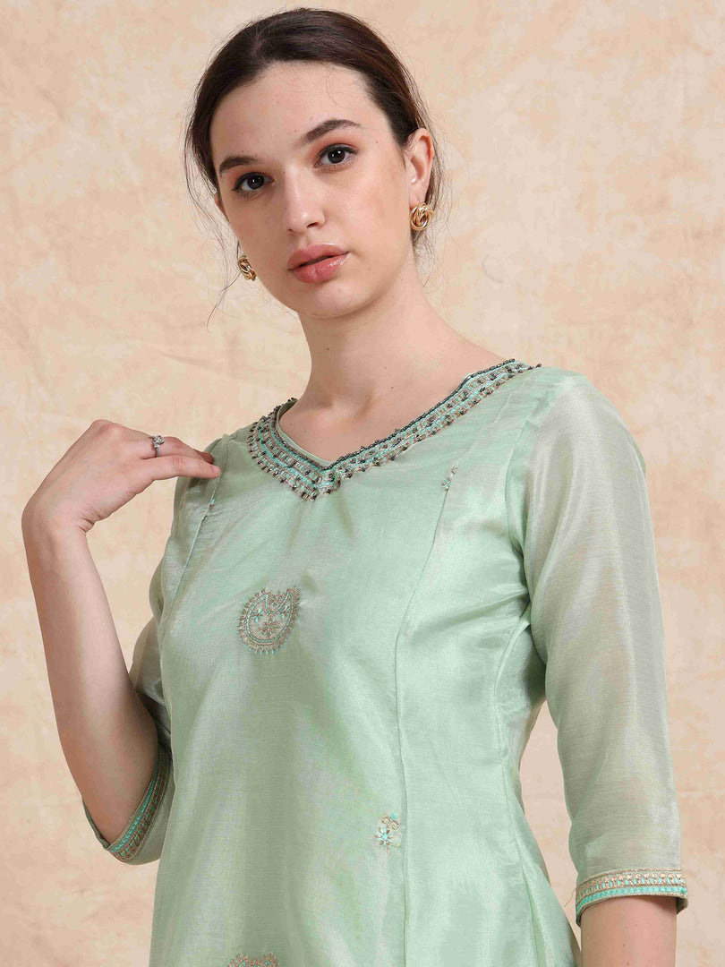 Mint Green Tissue Silk Fancy Embroidered Anarkali Kurti