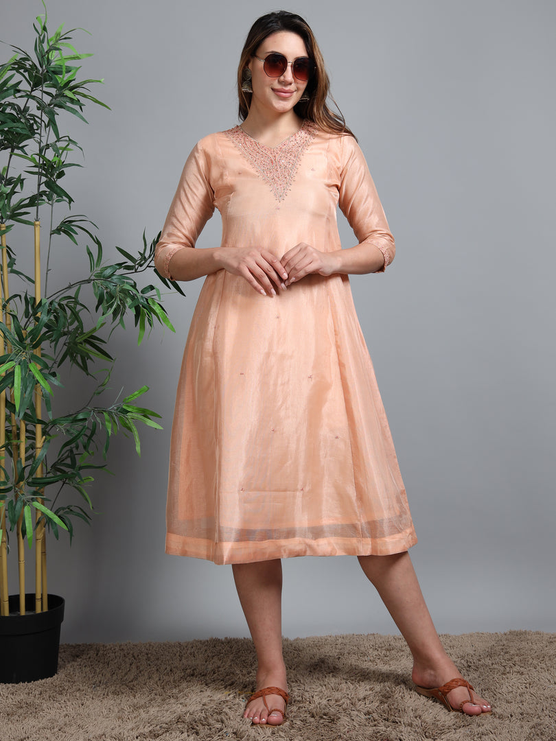 Peach Tissue Silk Fancy Embroidered Anarkali Kurti