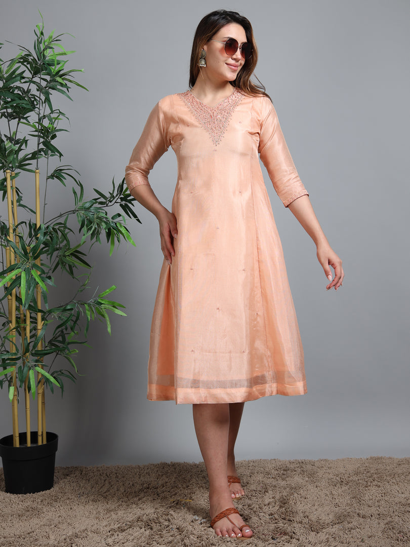 Peach Tissue Silk Fancy Embroidered Anarkali Kurti