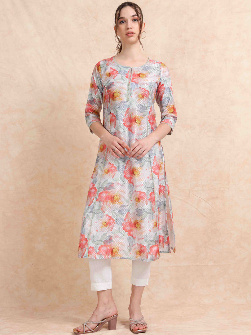 Red Floral Digital Print with Lace work A-line Kurti