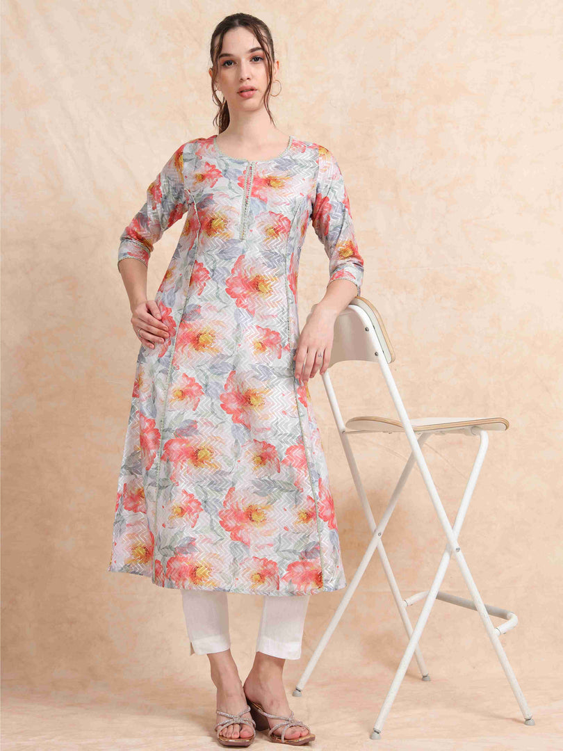 Red Floral Digital Print with Lace work A-line Kurti
