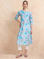 Load image into Gallery viewer, Blue Floral Digital Print with Lace work A-line Kurti
