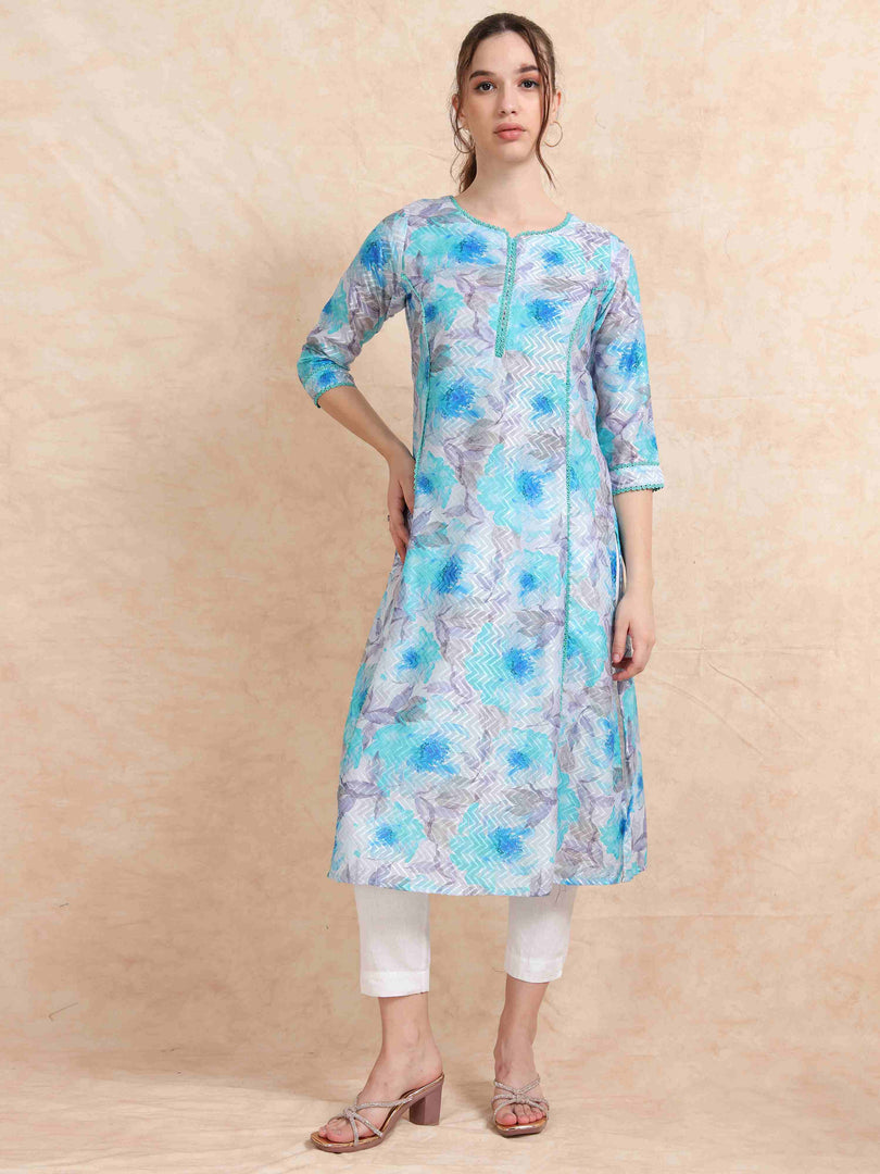 Blue Floral Digital Print with Lace work A-line Kurti