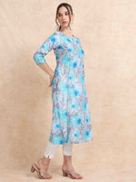 Load image into Gallery viewer, Blue Floral Digital Print with Lace work A-line Kurti
