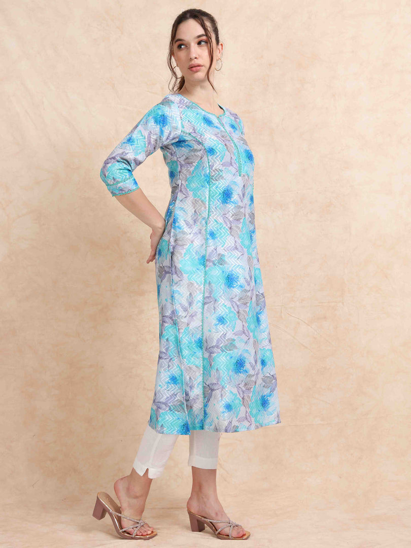 Blue Floral Digital Print with Lace work A-line Kurti