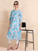 Load image into Gallery viewer, Blue Floral Digital Print with Lace work A-line Kurti
