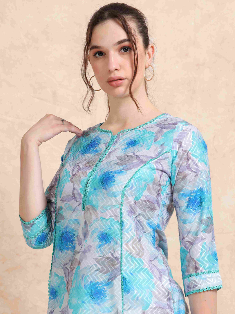 Blue Floral Digital Print with Lace work A-line Kurti